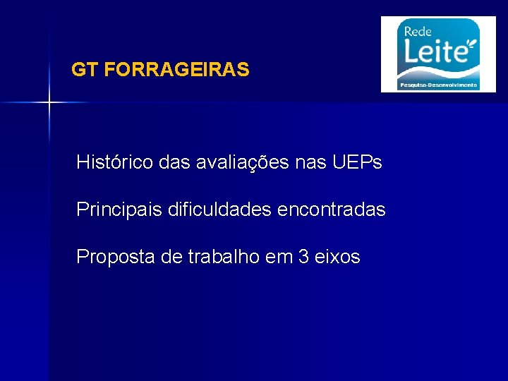 GT FORRAGEIRAS Histórico das avaliações nas UEPs Principais dificuldades encontradas Proposta de trabalho em