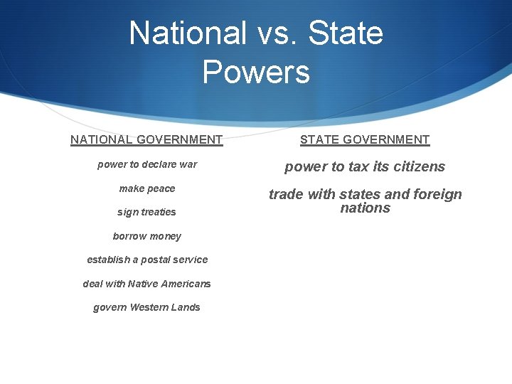 National vs. State Powers NATIONAL GOVERNMENT STATE GOVERNMENT power to declare war power to