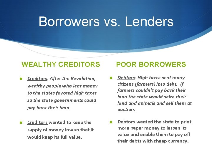 Borrowers vs. Lenders WEALTHY CREDITORS S Creditors: After the Revolution, wealthy people who lent