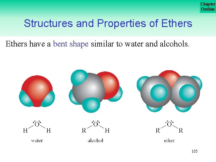 Chapter Outline Structures and Properties of Ethers have a bent shape similar to water