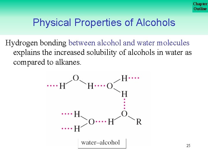 Chapter Outline Physical Properties of Alcohols Hydrogen bonding between alcohol and water molecules explains