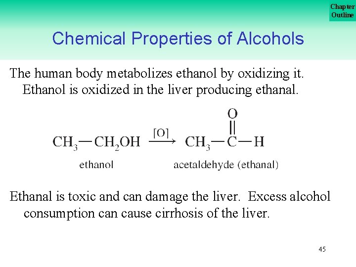 Chapter Outline Chemical Properties of Alcohols The human body metabolizes ethanol by oxidizing it.