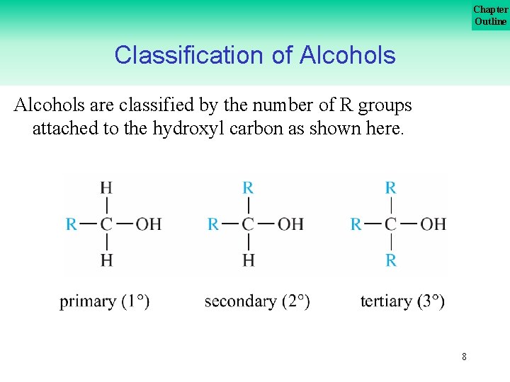 Chapter Outline Classification of Alcohols are classified by the number of R groups attached