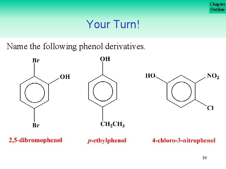 Chapter Outline Your Turn! Name the following phenol derivatives. 84 
