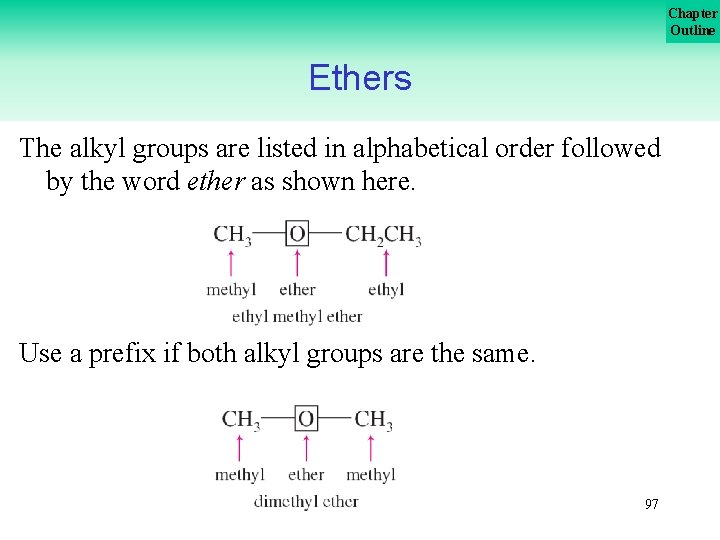Chapter Outline Ethers The alkyl groups are listed in alphabetical order followed by the