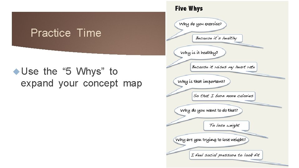 Practice Time Use the “ 5 Whys” to expand your concept map 