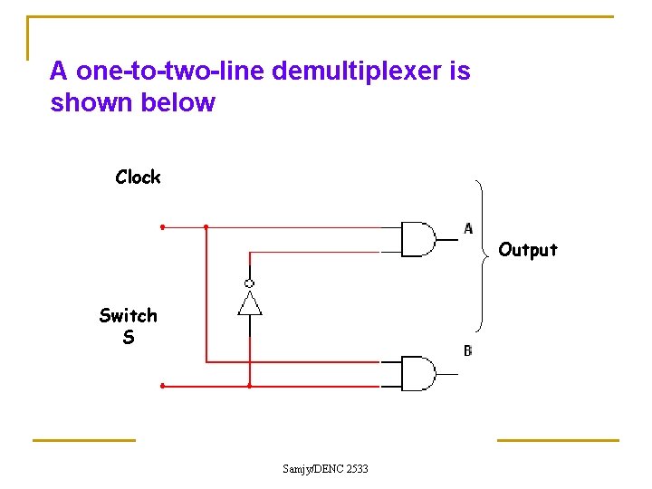 A one-to-two-line demultiplexer is shown below Clock Output Switch S Samjy/DENC 2533 