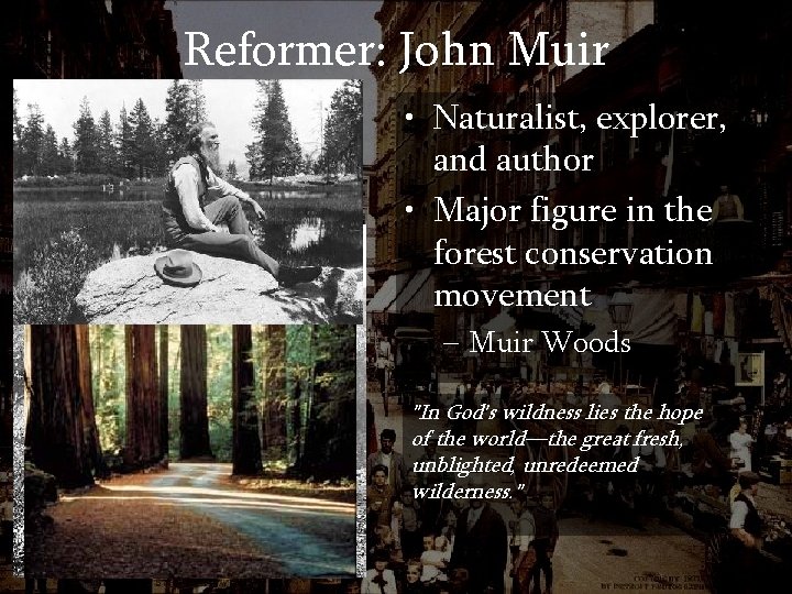 Reformer: John Muir • Naturalist, explorer, and author • Major figure in the forest