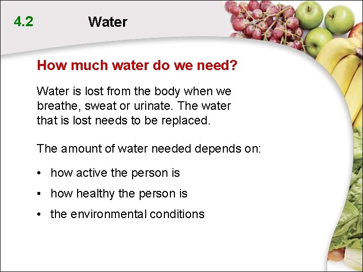 4. 2 Water How much water do we need? Water is lost from the 4. 2 Water How much water do we need? Water is lost from the