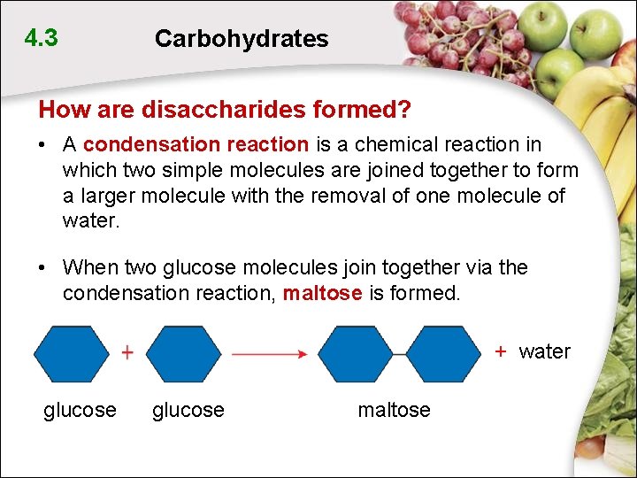 4. 3 Carbohydrates How are disaccharides formed? • A condensation reaction is a chemical 4. 3 Carbohydrates How are disaccharides formed? • A condensation reaction is a chemical