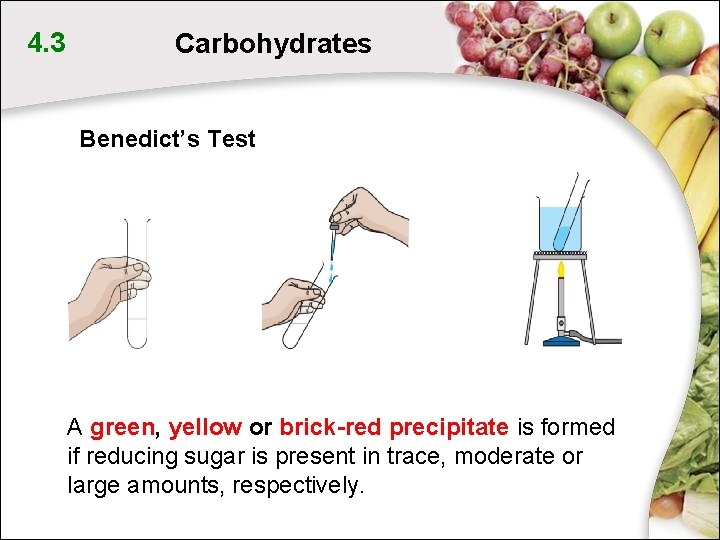 4. 3 Carbohydrates Benedict’s Test A green, yellow or brick-red precipitate is formed if 4. 3 Carbohydrates Benedict’s Test A green, yellow or brick-red precipitate is formed if