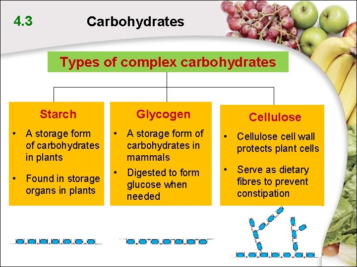 4. 3 Carbohydrates Types of complex carbohydrates Starch Glycogen Cellulose • A storage form 4. 3 Carbohydrates Types of complex carbohydrates Starch Glycogen Cellulose • A storage form