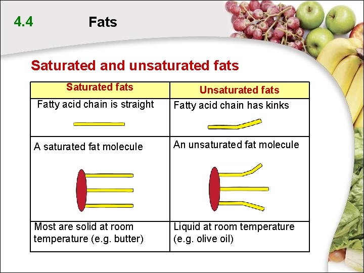 4. 4 Fats Saturated and unsaturated fats Saturated fats Fatty acid chain is straight 4. 4 Fats Saturated and unsaturated fats Saturated fats Fatty acid chain is straight