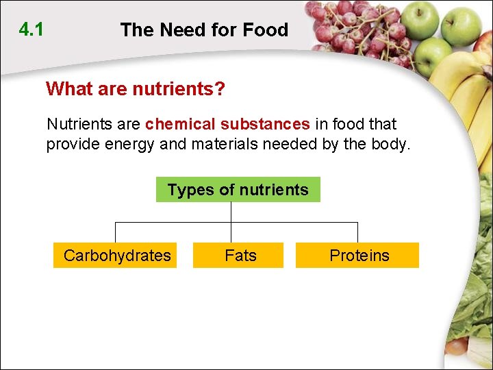 4. 1 The Need for Food What are nutrients? Nutrients are chemical substances in 4. 1 The Need for Food What are nutrients? Nutrients are chemical substances in
