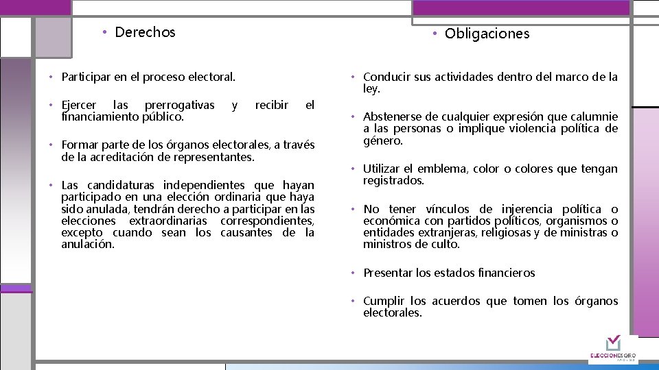  • Derechos • Obligaciones • Participar en el proceso electoral. • Conducir sus