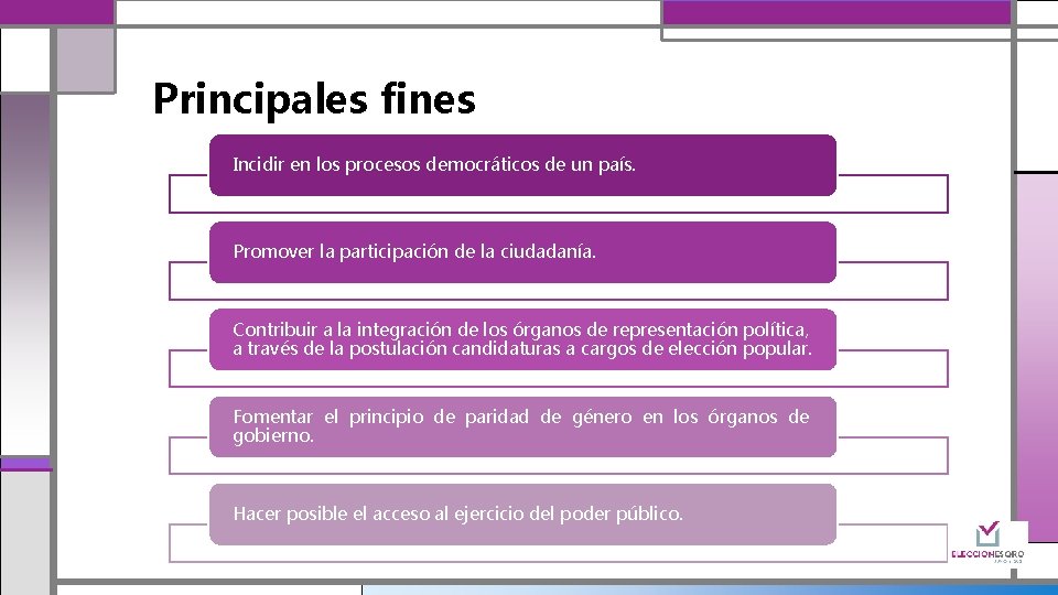 Principales fines Incidir en los procesos democráticos de un país. Promover la participación de