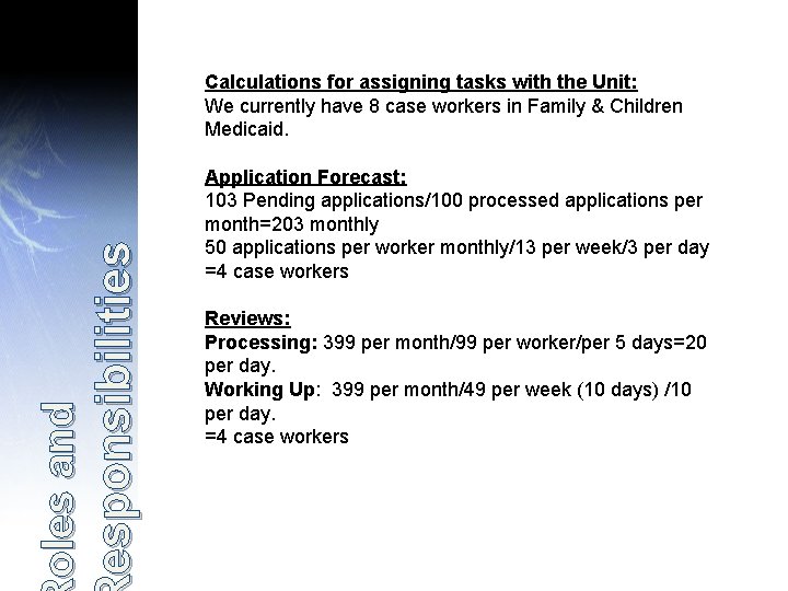 esponsibilities oles and Calculations for assigning tasks with the Unit: We currently have 8