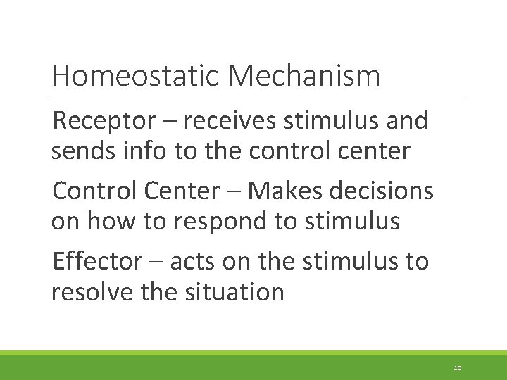 Homeostatic Mechanism Receptor – receives stimulus and sends info to the control center Control