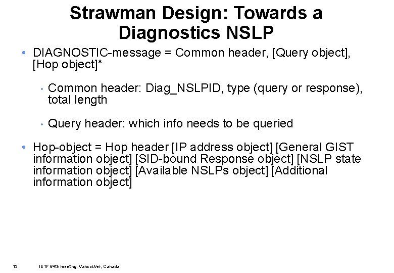 Strawman Design: Towards a Diagnostics NSLP • DIAGNOSTIC-message = Common header, [Query object], [Hop