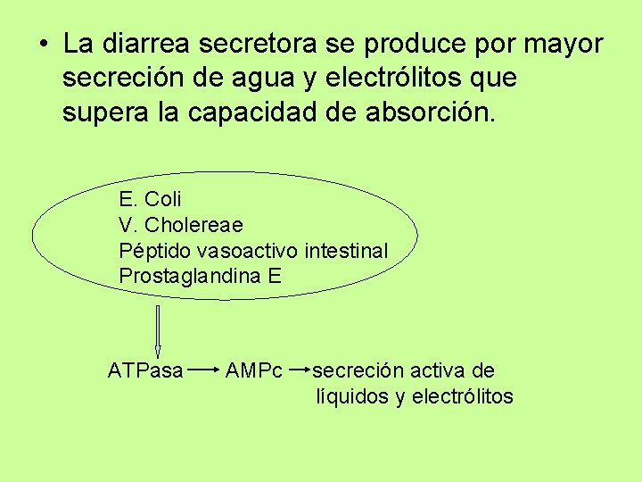  • La diarrea secretora se produce por mayor secreción de agua y electrólitos