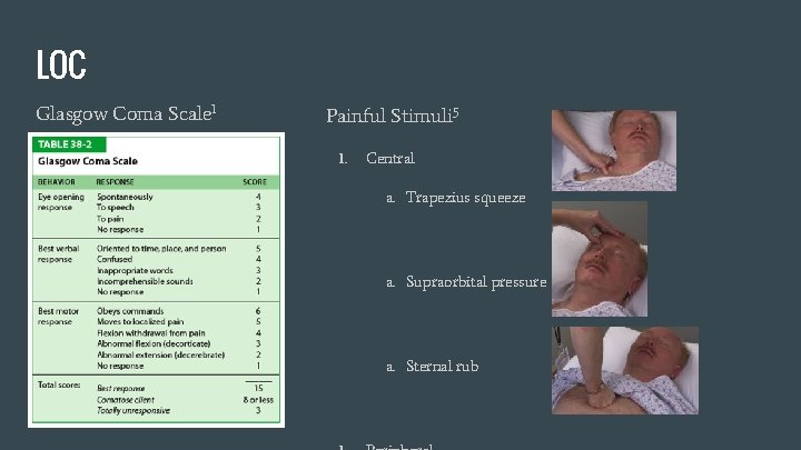 LOC Glasgow Coma Scale 1 Painful Stimuli 5 1. Central a. Trapezius squeeze a.