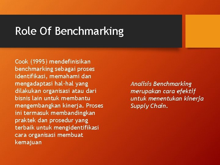 Role Of Benchmarking Cook (1995) mendefinisikan benchmarking sebagai proses identifikasi, memahami dan mengadaptasi hal-hal