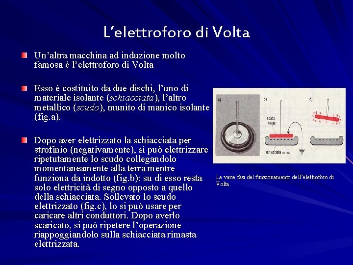 L’elettroforo di Volta Un’altra macchina ad induzione molto famosa è l’elettroforo di Volta Esso