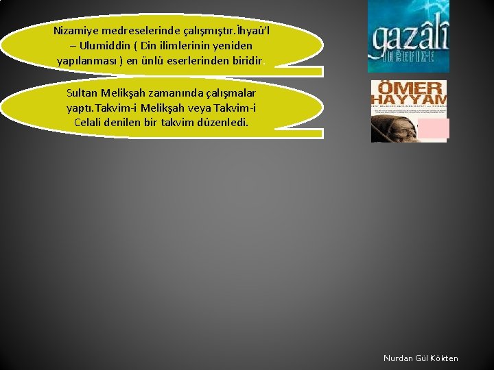 Nizamiye medreselerinde çalışmıştır. İhyaü’l – Ulumiddin ( Din ilimlerinin yeniden yapılanması ) en ünlü