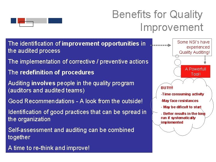 Benefits for Quality Improvement Some NSI’s have experienced Quality Auditing! The identification of improvement