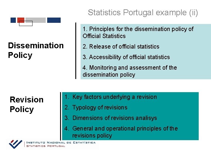 Statistics Portugal example (ii) 1. Principles for the dissemination policy of Official Statistics Dissemination
