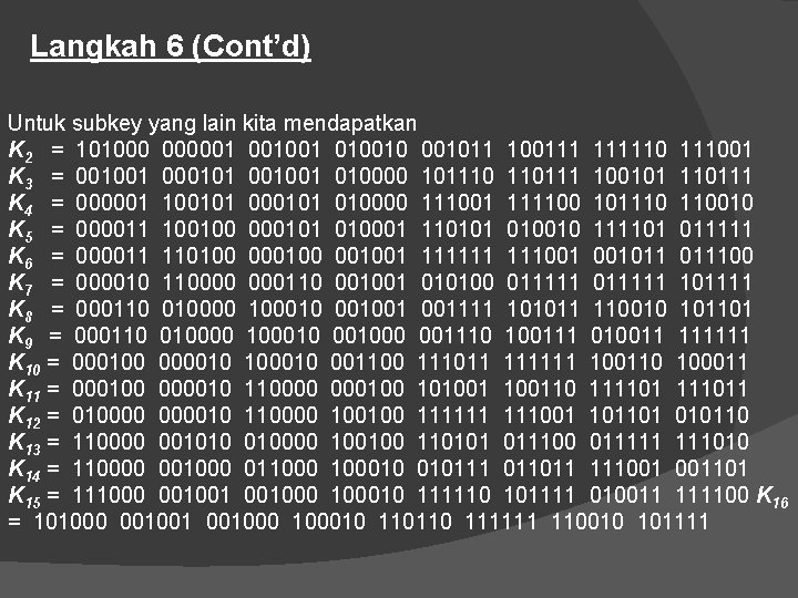 Langkah 6 (Cont’d) Untuk subkey yang lain kita mendapatkan K 2 = 101000 000001