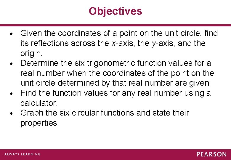 Objectives Given the coordinates of a point on the unit circle, find its reflections Objectives Given the coordinates of a point on the unit circle, find its reflections