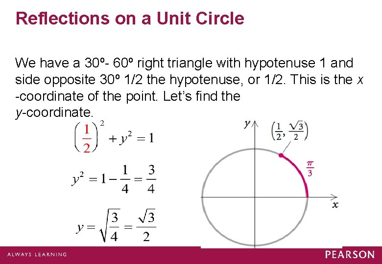 Reflections on a Unit Circle We have a 30º- 60º right triangle with hypotenuse Reflections on a Unit Circle We have a 30º- 60º right triangle with hypotenuse