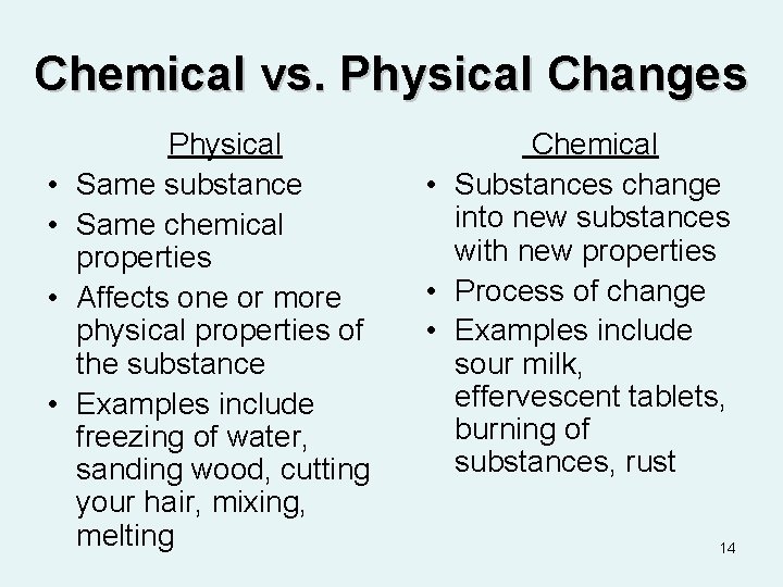 Chemical vs. Physical Changes • • Physical Same substance Same chemical properties Affects one