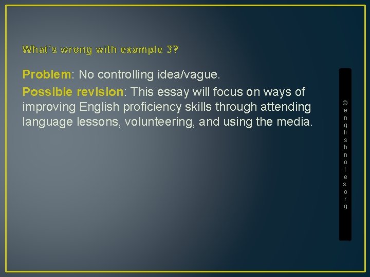 What’s wrong with example 3? Problem: No controlling idea/vague. Possible revision: This essay will