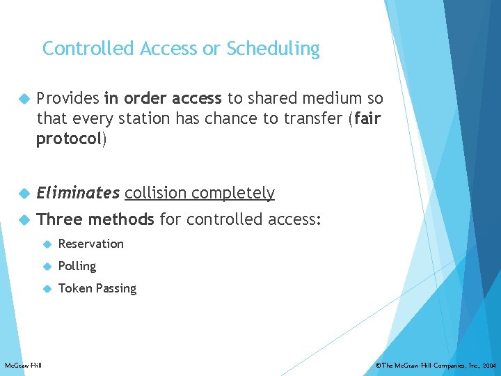 Controlled Access or Scheduling Provides in order access to shared medium so that every