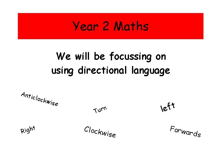 Year 2 Maths We will be focussing on using directional language Anti cloc t