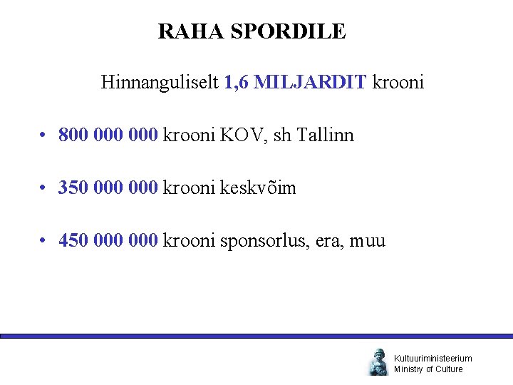 RAHA SPORDILE Hinnanguliselt 1, 6 MILJARDIT krooni • 800 000 krooni KOV, sh Tallinn