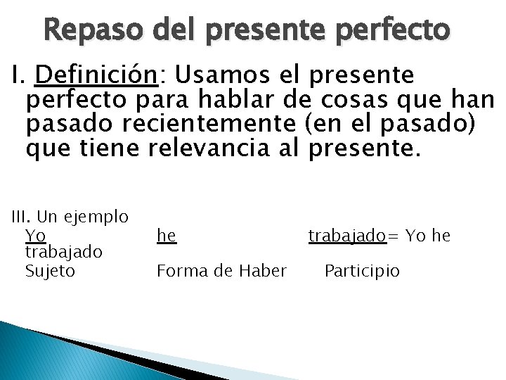 Repaso del presente perfecto I. Definición: Usamos el presente perfecto para hablar de cosas