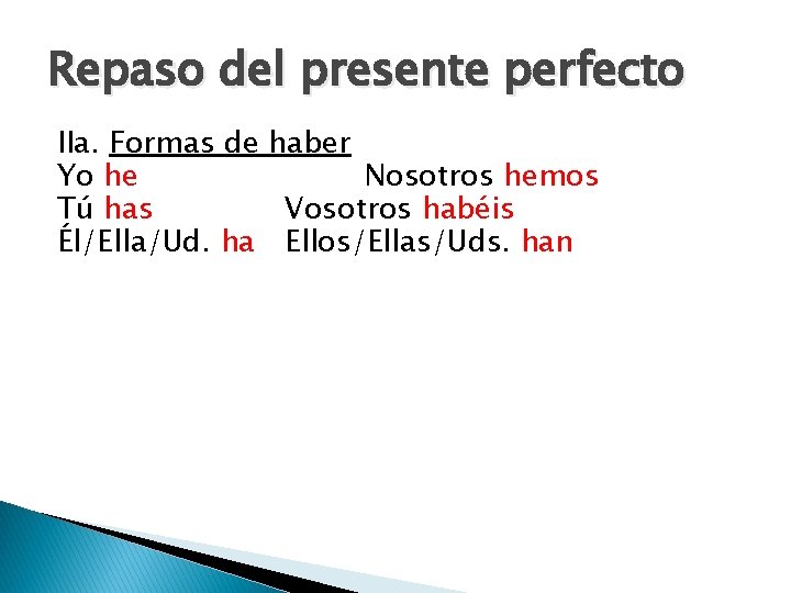 Repaso del presente perfecto IIa. Formas de haber Yo he Nosotros hemos Tú has