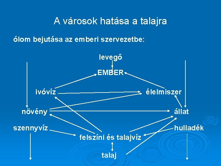 A városok hatása a talajra ólom bejutása az emberi szervezetbe: levegő EMBER ivóvíz élelmiszer