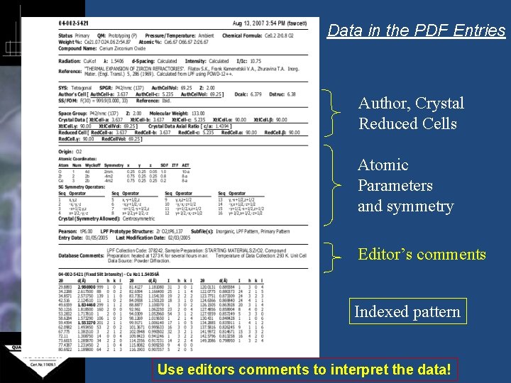 Data in the PDF Entries Author, Crystal Reduced Cells Atomic Parameters and symmetry Editor’s