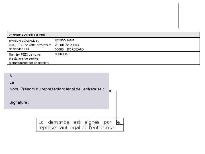 La demande est signée par le représentant légal de l'entreprise La demande est signée par le représentant légal de l'entreprise