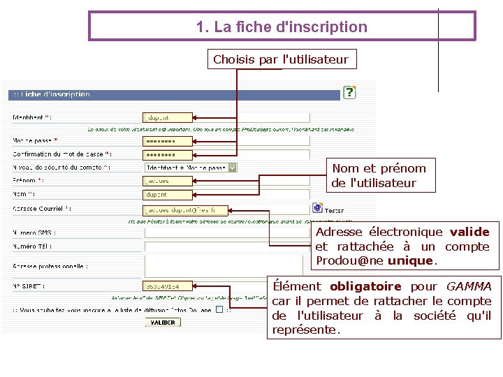 1. La fiche d'inscription Choisis par l'utilisateur Nom et prénom de l'utilisateur Adresse électronique 1. La fiche d'inscription Choisis par l'utilisateur Nom et prénom de l'utilisateur Adresse électronique