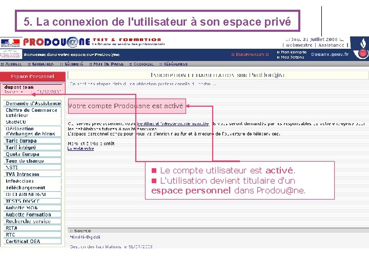 5. La connexion de l'utilisateur à son espace privé Le compte utilisateur est activé. 5. La connexion de l'utilisateur à son espace privé Le compte utilisateur est activé.
