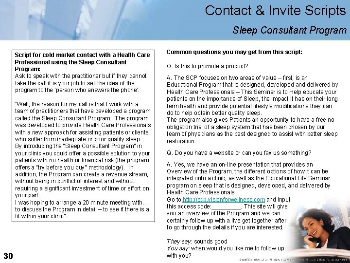 Contact & Invite Scripts Sleep Consultant Program Script for cold market contact with a