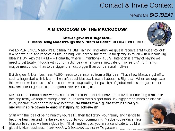 Contact & Invite Context What’s the BIG IDEA? A MICROCOSM OF THE MACROCOSM Masuda