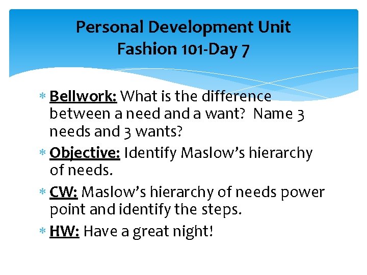 Personal Development Unit Fashion 101 Day 1 Bellwork