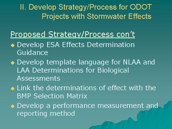 II. Develop Strategy/Process for ODOT Projects with Stormwater Effects Proposed Strategy/Process con’t Develop ESA