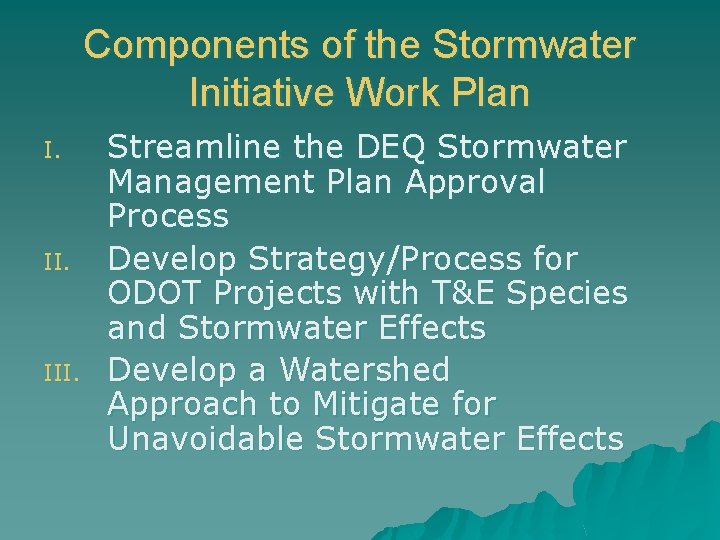 Components of the Stormwater Initiative Work Plan I. III. Streamline the DEQ Stormwater Management
